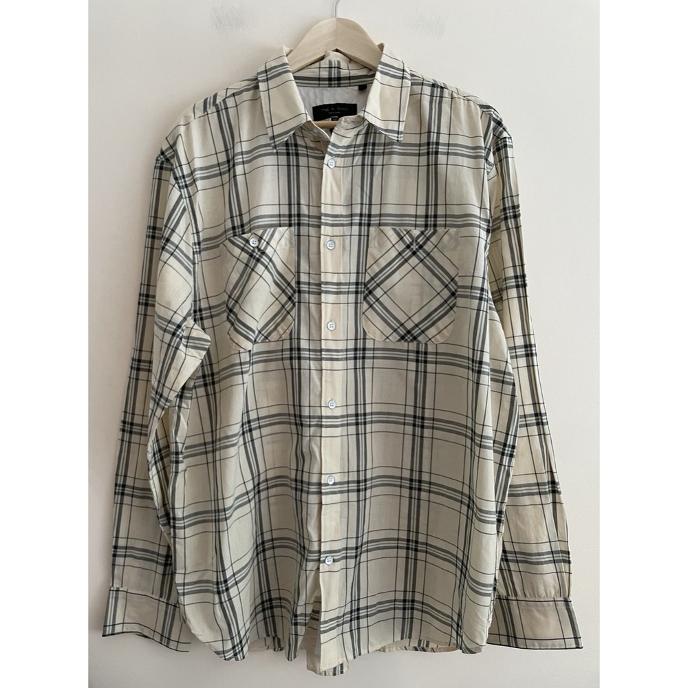 Rag & Bone‎ Button Up Shirt Men Size XXL Beige Plaid Pockets Light Cotton NEW